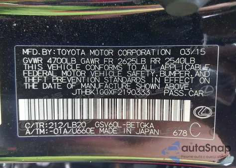 2015 Lexus Es 350 z USA, uszkodzony, nr VIN JTHBK1GGXF2190333